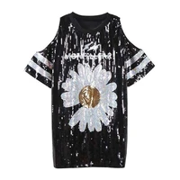 chic ins sweet floral daisy women sequin long t shirt europe casual sexy cutout ladies tee sunflower dress party stay home style