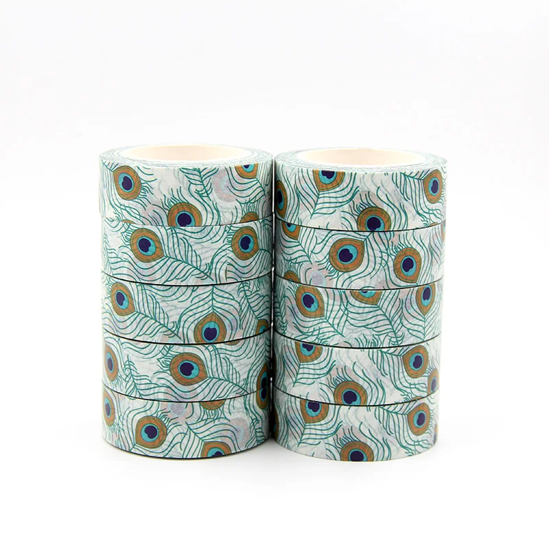 

New 10pcs/set 15MM*10M Lovely plumes of the peacock Washi Tape Decorative Adhesive Tape Scrapbooking Sticker Label Stationery