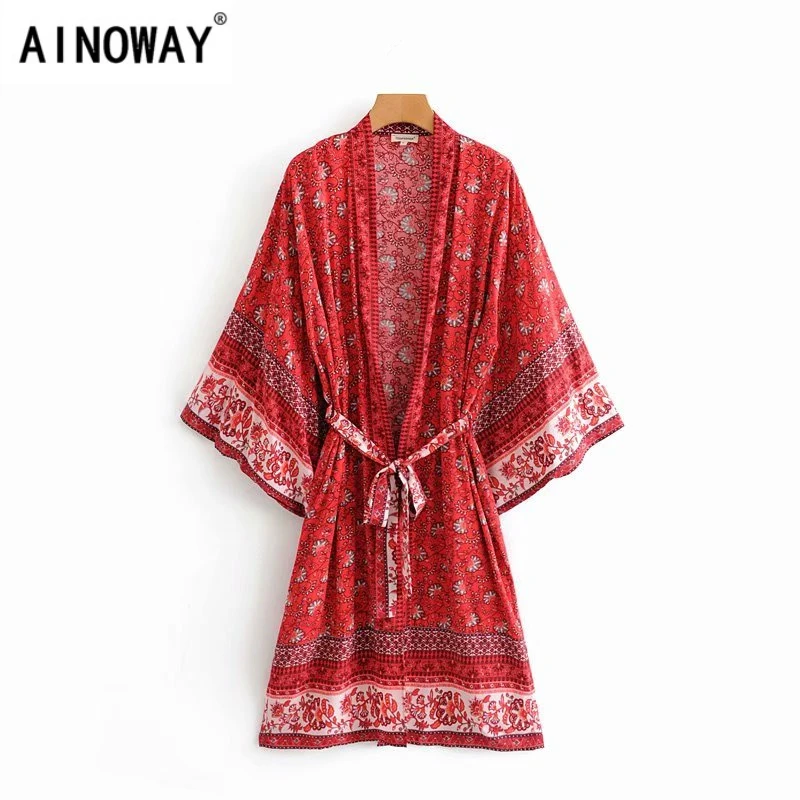 Винтажное шикарное женское пляжное кимоно с цветочным принтом и рукавом летучая