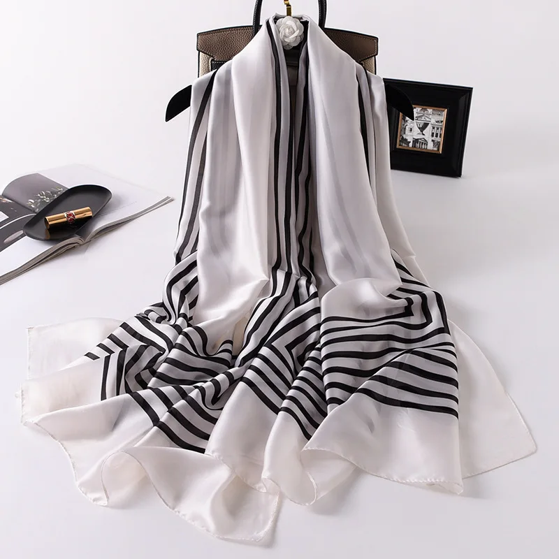 

2020 Striped Print Scarf Women Silk Scarves Shawls Female Wraps Pashimina Echarpe Designer Beach Stole Bandana