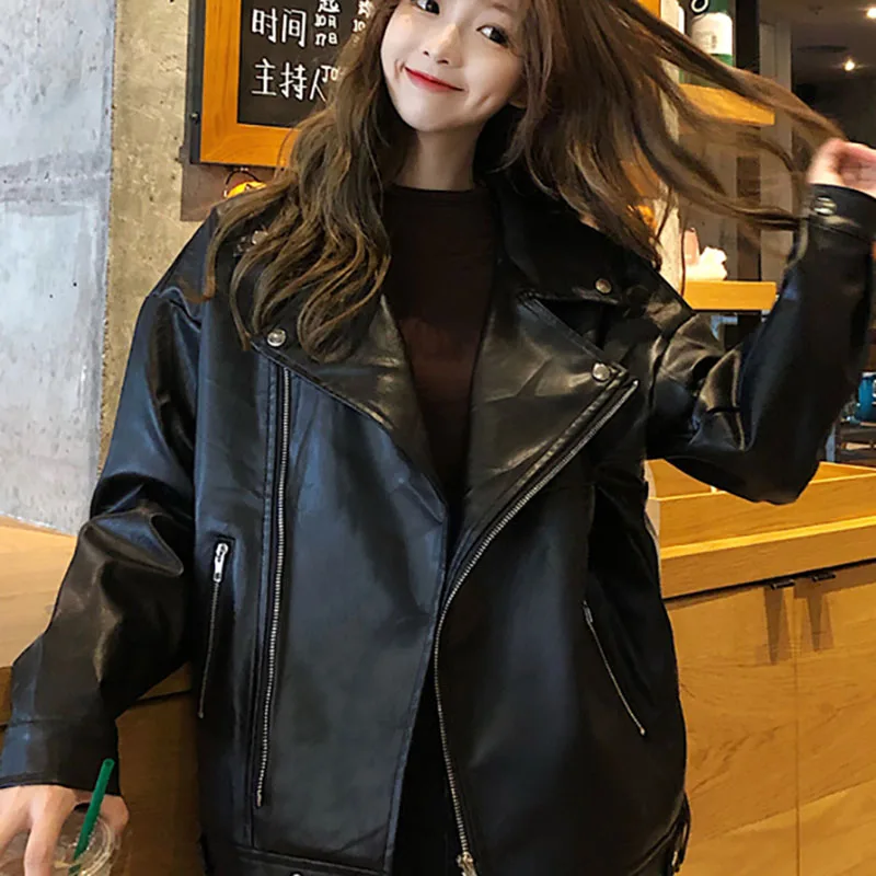 2021 Autumn Women Pu Leather Jacket Woman ZipperLoose casual all-matchShort Coat Female Black Punk  Leather  the street Outwear