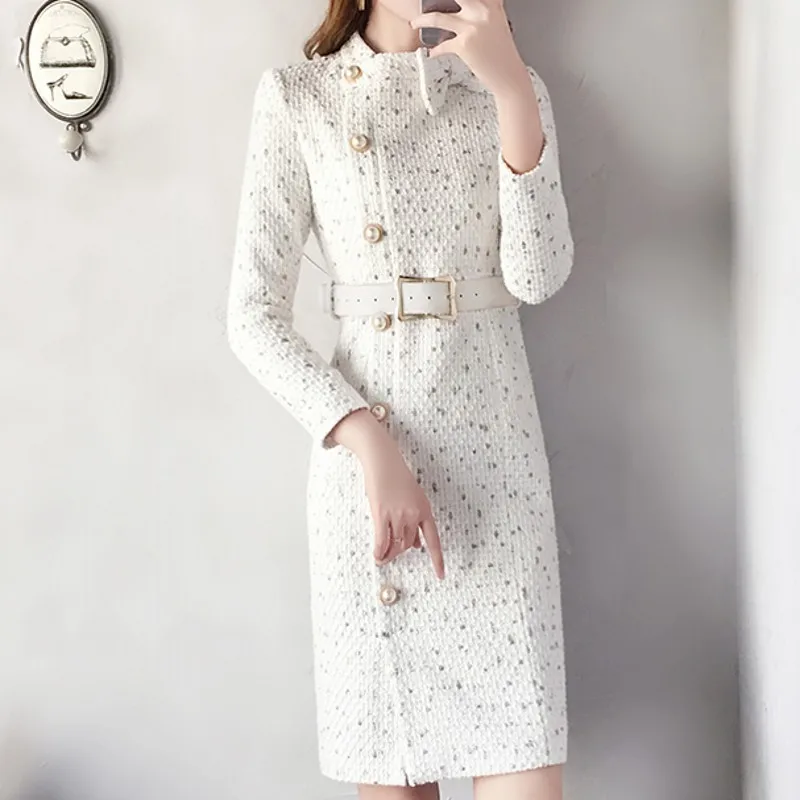 Винтажные офисные Женские приталенные толстые шерстяные платья с высокой талией