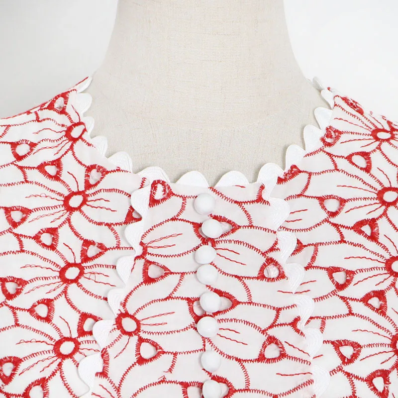 

Women Long Sleeve Embroidery Dress Hollow Out Lantern Sleeve High Waist Tunic Casual