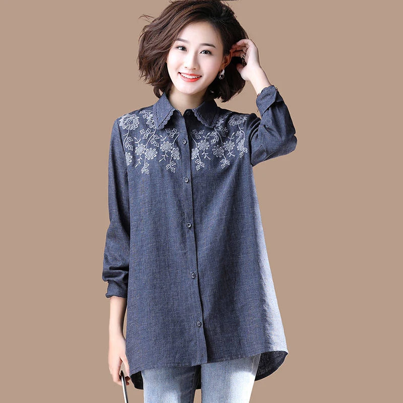 Женская хлопковая блузка с длинным рукавом вышивкой|Рубашки| |