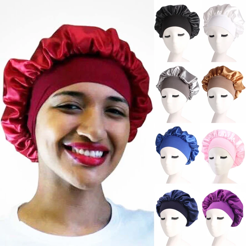 

Эластичная Атласная шапочка для сна, однотонная Регулируемая Шапочка, Мягкая повязка на голову, тюрбан, Женская душевая шапочка