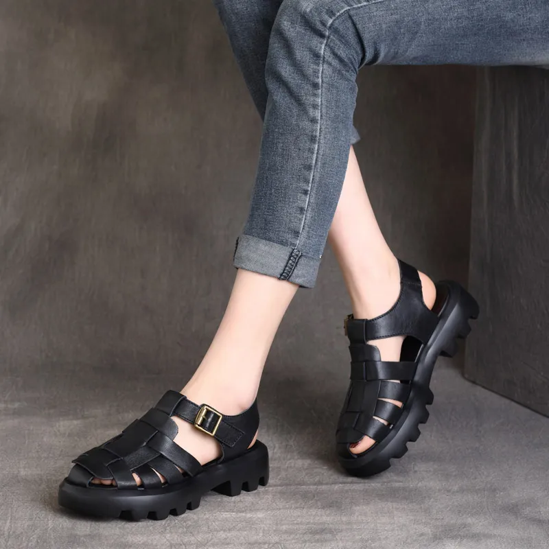 

Women Leather Boots Sandals 4 Cm Low Heels Open Toe 2021 Summer Shoes Femal Rome Sandals Classic Handmade Genuine Leather