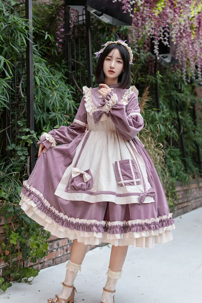 Японский стиль Осень Зима с длинным рукавом фиолетовый толстый вельветовый