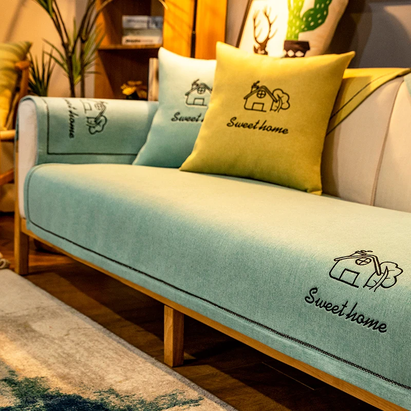 

Sofa Cushion Universal Nordic Simple Cotton and Linen Embroidered Non-Slip Leather Wooden Sofa Cover Backrest Cushion Covering