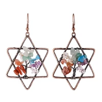 copper plated wire wrap star point tree of life dangle earrings colorful rainbow stone transfer lucky gift jewelry