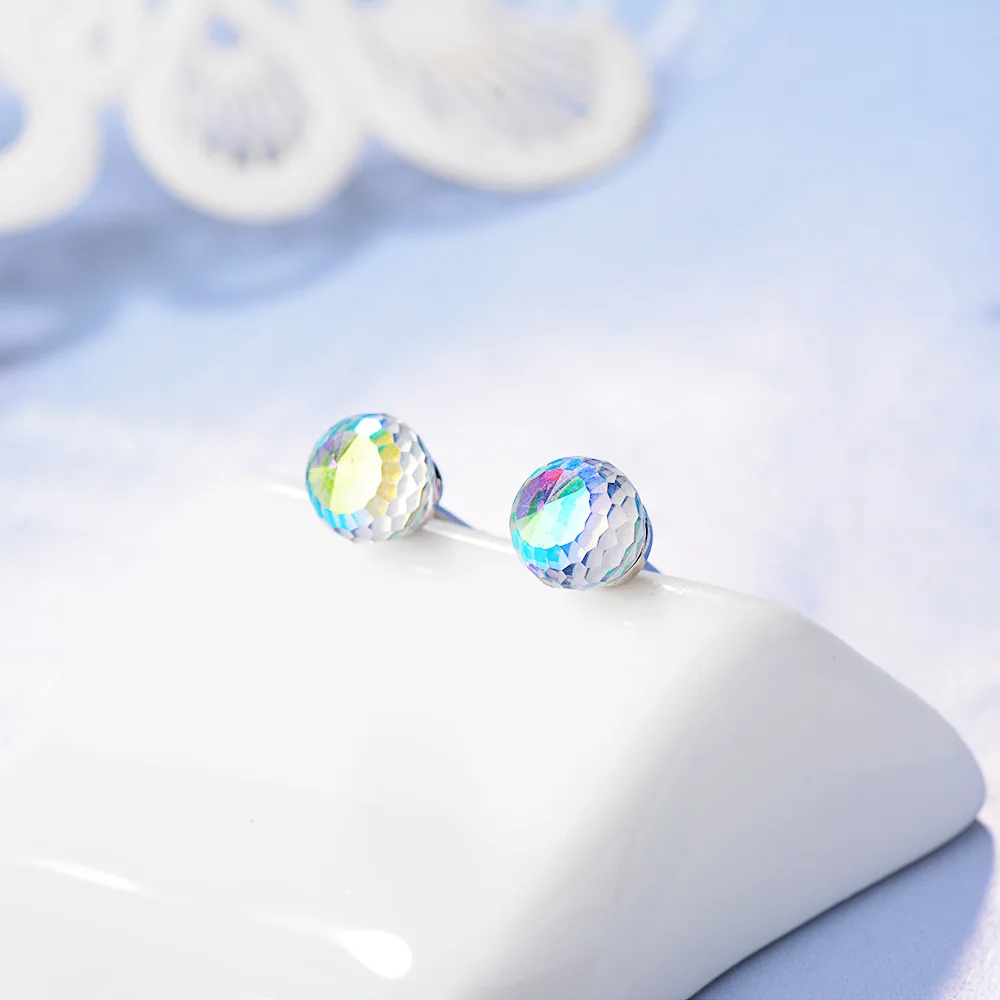 

V-494 Sterling Silver Needles Aurora Candy Artificial Crystal Stud Earrings Personality Small Fresh Ball Ear Jewelry Female Gift