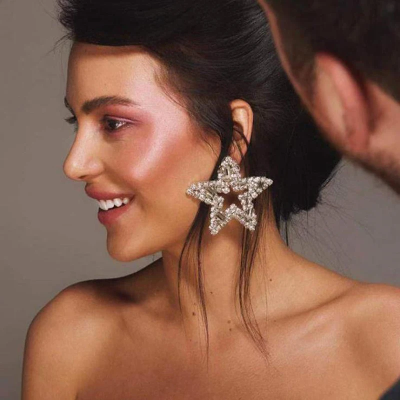 Yhpup Мода Бренд стразы звезда геометрические серьги гвоздики Роскошные массивные