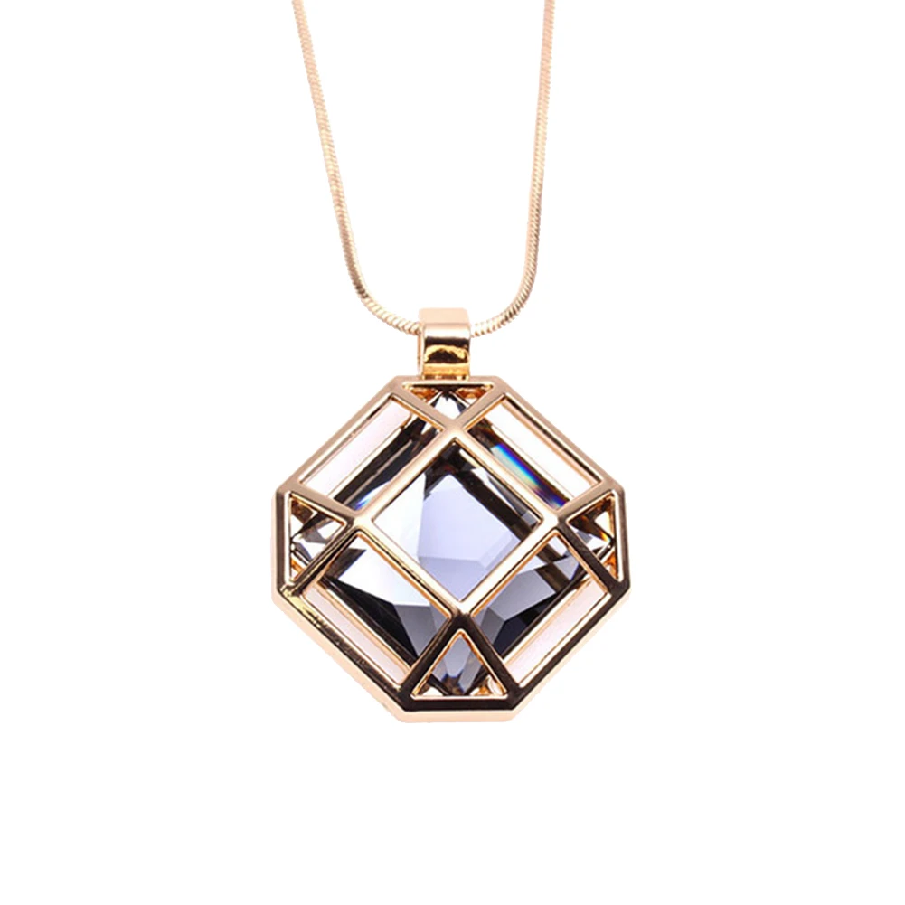 

Trendy Simple Women Alloy Sweater Chain Crystal Square Hollow Pendant Necklace