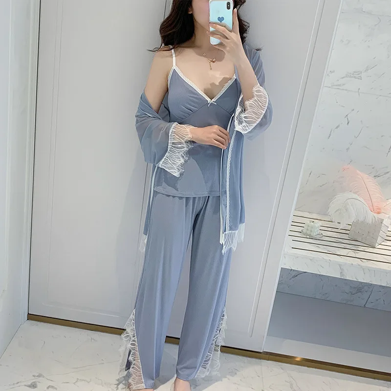 

Sexy Woman Pijamas Three-Piece Set with Chest Pad Female Sexy Strap Lace Long-Sleeved Leisure Tops Pajama Sets Women