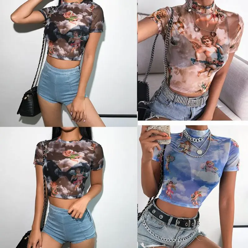 

Women Summer Short Sleeve Turtleneck Crop Top Funny Colored Angel Cupid Printed T-Shirt Hollow Out Sheer Mesh Net Streetwear