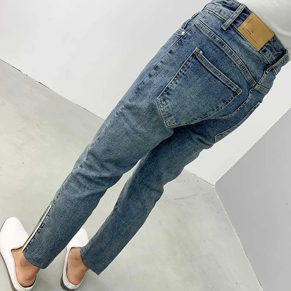 New Fashion Skinny Jeans Men's Casual Denim Streetwear Trousers Ankle Zipper Design Raw Edge Slim Fit Pants Clothing