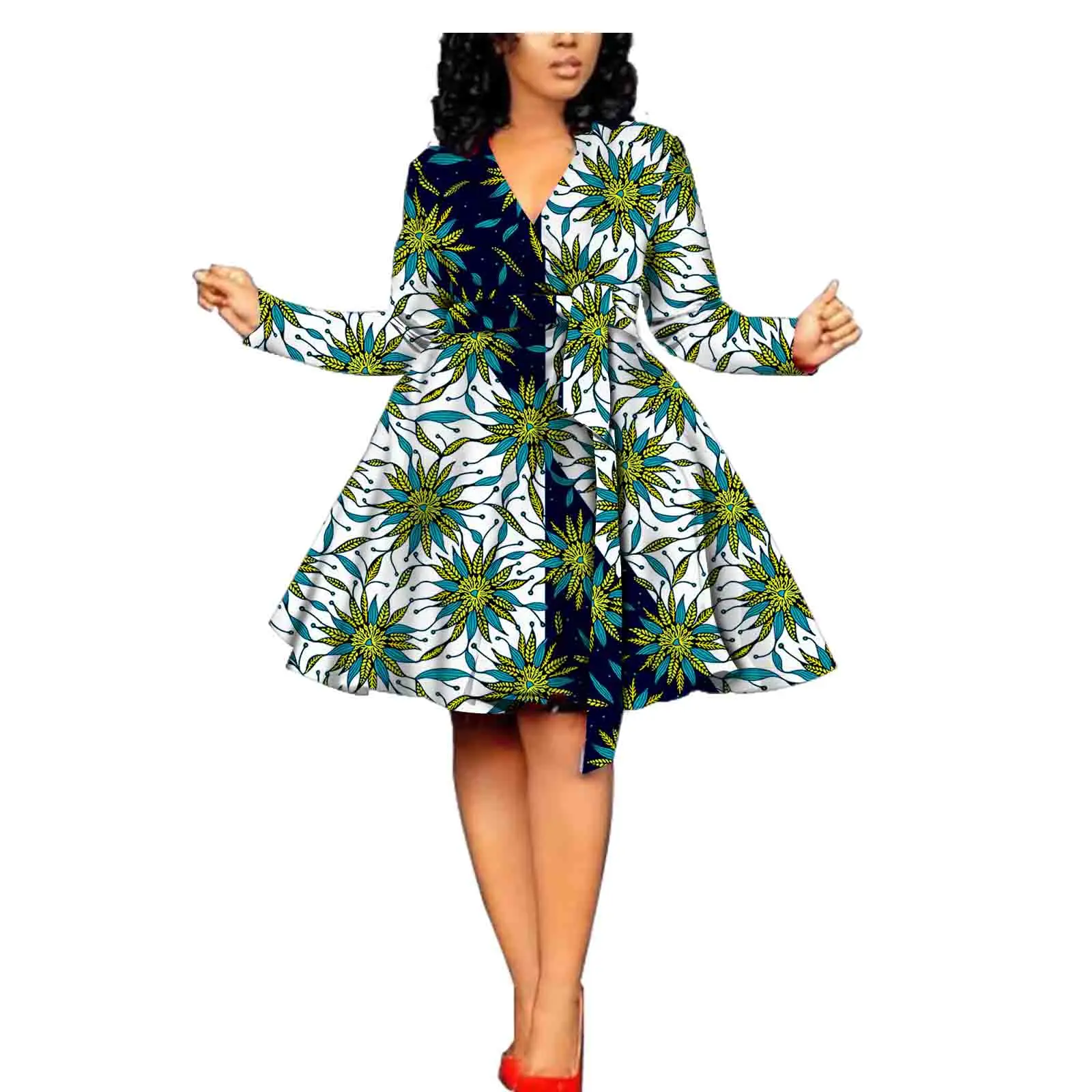 African Wax Printed Dresses Ankara V-Neck Long Sleeve Knee-Length Cotton Dress wIth Vintage Belt for Party v2125042
