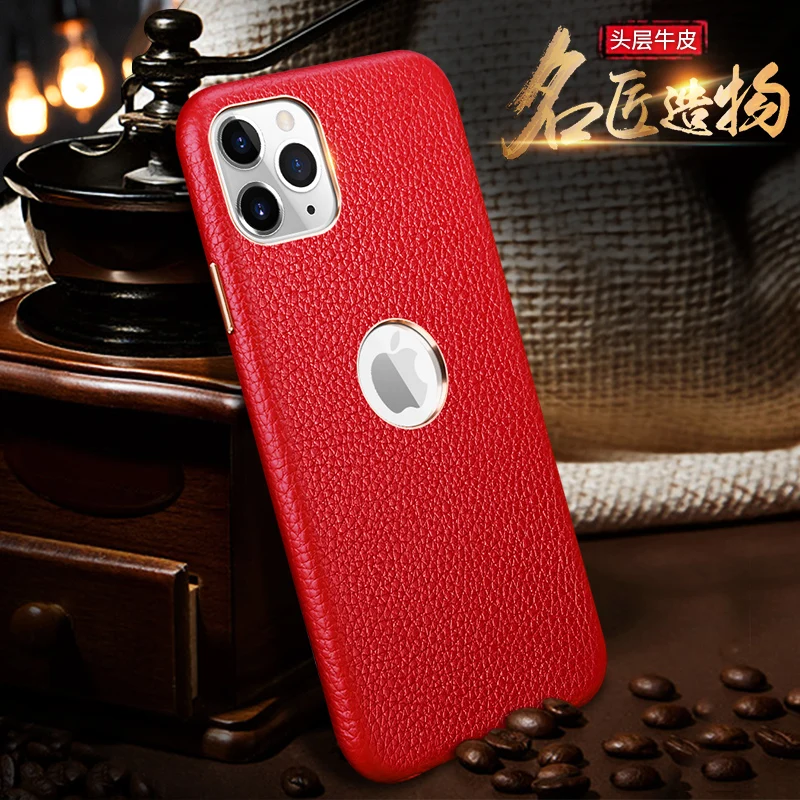 Чехол из натуральной воловьей кожи для iPhone 7, 8 Plus, X, XR, XS, 11 Pro, Max, бизнес чехол из зернистой кожи с металлической кнопкой