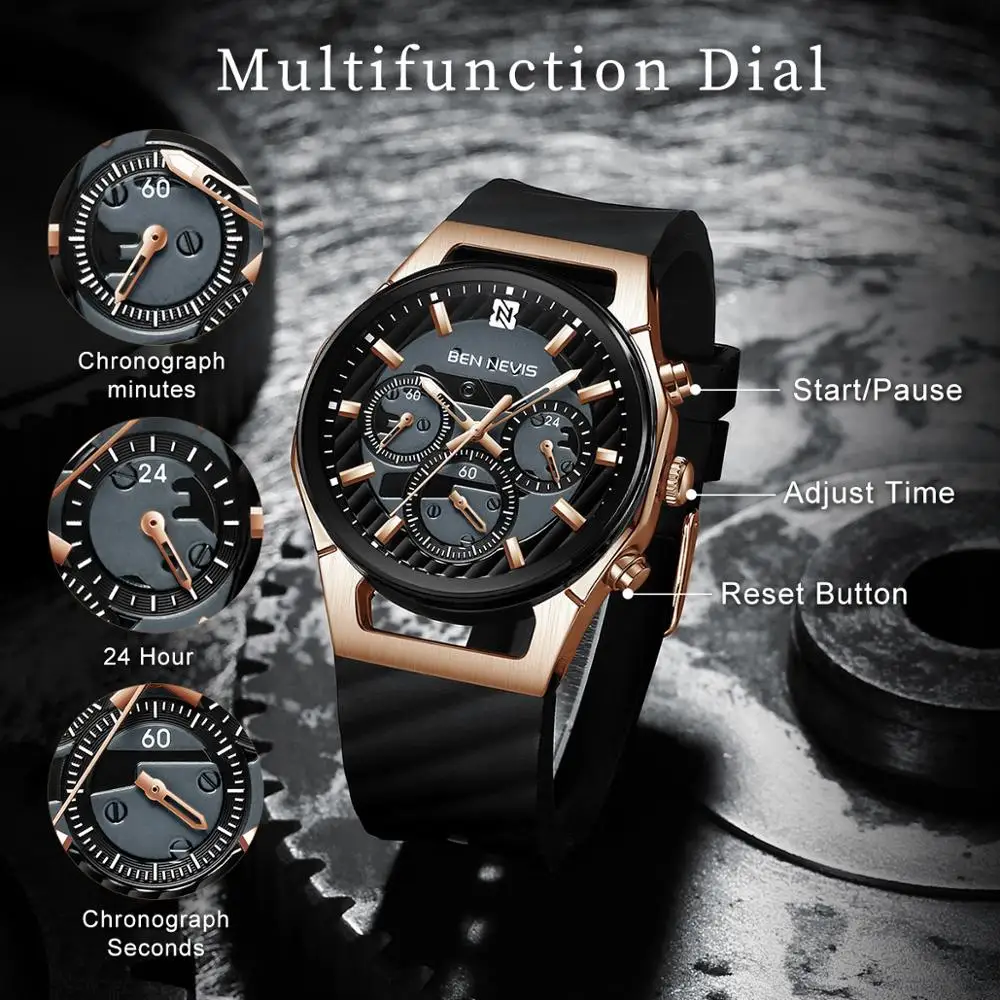 Модные мужские часы Топ люксовый бренд Ben Nevis силиконовый ремешок Хронограф