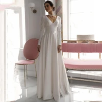 robes de luxury matte soft satin a line wedding dresses long sleeve backless v neck french gowns belt button tailor made
