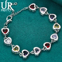 urpretty 925 sterling silver aaa multicolor love heart zircon chain bracelet for women wedding engagement charm jewelry gift
