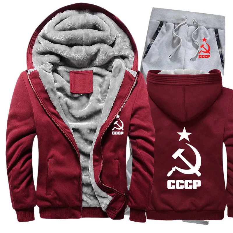 

Мужской спортивный костюм с флисовой подкладкой, Повседневная теплая толстовка с капюшоном и штаны СССР с надписью СССР на русском языке, к...