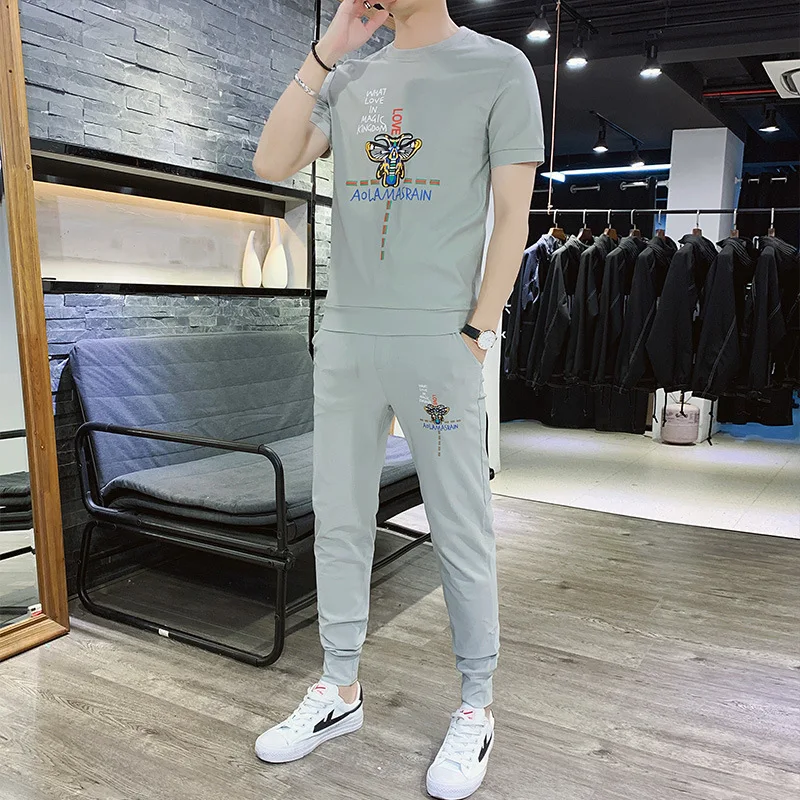 

Two Pieces Set Streetwear Tracksuit Men Jogger 2020Outfit Men's Summer Teenager Printed T-shirt Brand Pants Slim Clothes Sports