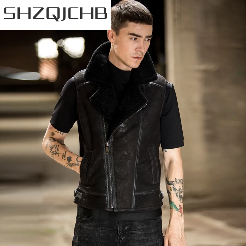 

JCHB 2021 Autumn Winter Men Real Fur Sleeveless Jacket Luxury Biker Sheepskin Natural Leather Short Waistcoat Retro Hooded Vest