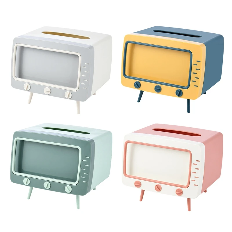 

Creative TV Model Home Tissue Box Cute Retro Television Design Tissue Organizer Plastic Towel Paper Case with Phone Holder