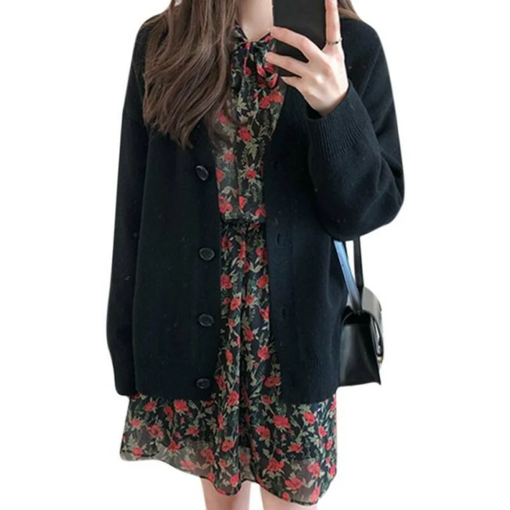 

Ladies V-Neck Button Coats Fashion Outwear Tops Women Winter Cotton Solid Knitted Cardigan Sweater