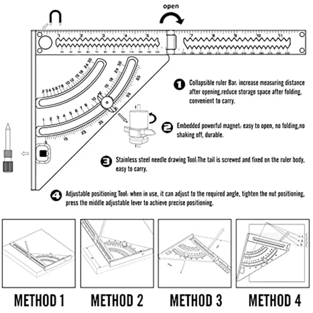 

Extendable Multifunctional Folding Triangle Ruler Carpenter Square with Base Precision Goniometer Multi-angle Measurement
