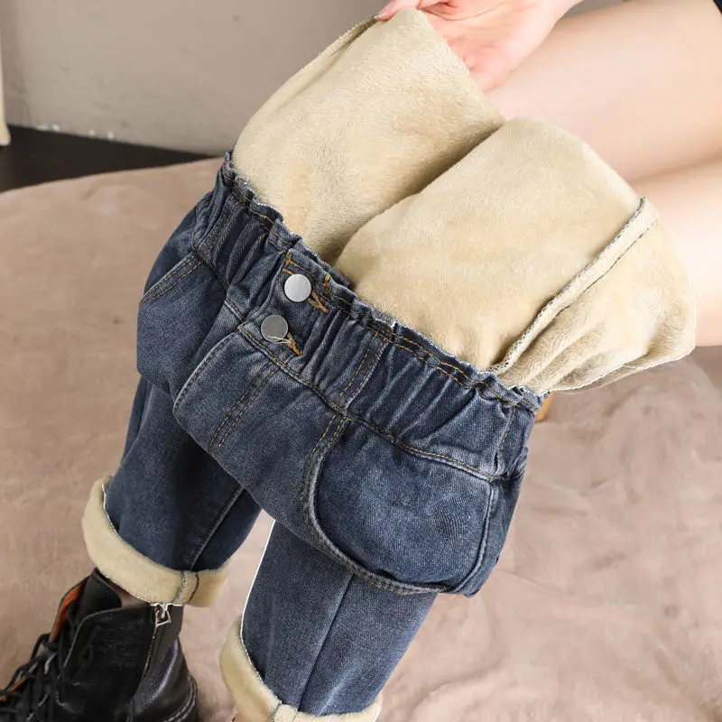 

Streetwear Warm Winter Velvet Jeans Woman 2021 Korean Fashion Harem Elastic High Waist Pants Student Baggy Casual Denim Pants