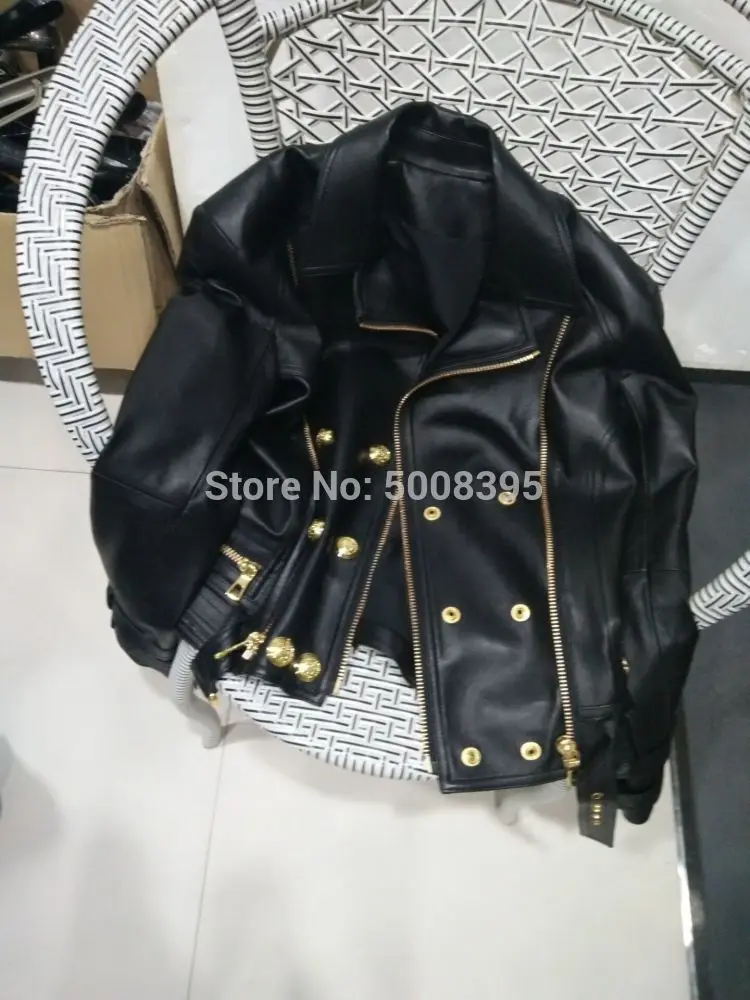 [ElfStyle] -натуральная кожаная женская куртка на молнии золотистая двубортная