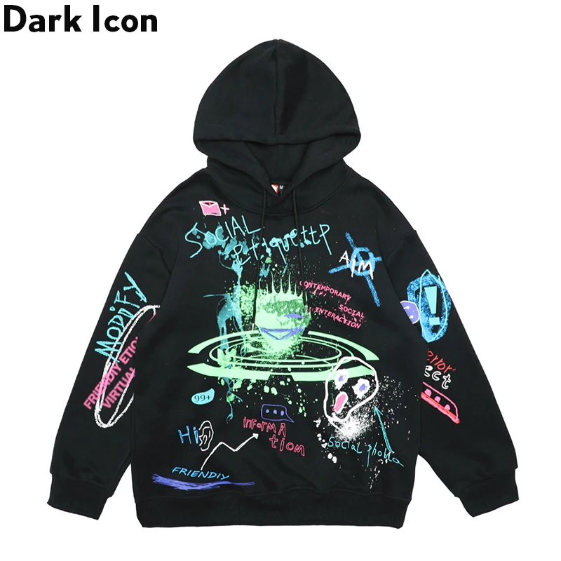 Темная икона худи с граффити мужская новая уличная мода флисовая толстовка