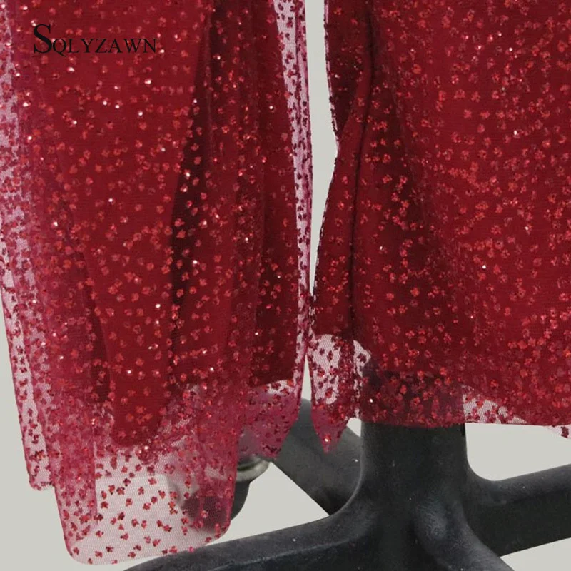 Sexy Deep V Neck Tassels Mesh Wide Leg Palazzo Pants Jumpsuit Ladies Vintage Backless Glitter Dots Wine Red Romper Party Overall |