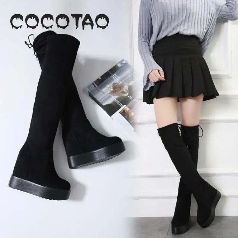 Новинка 2019 г. Сапоги до колена на толстой подошве увеличивающие рост модные новые