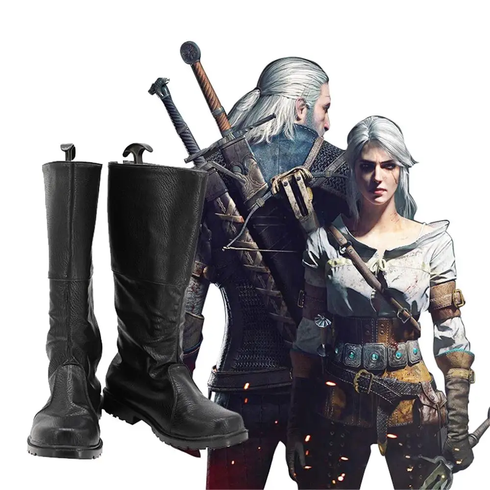 Game Geralt of Rivia Cosplay Shoes Medieval Mens Viking Black Shoes Boots Custom Made L320