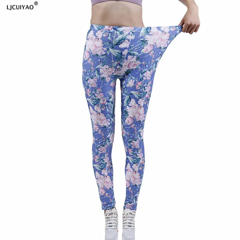 

LJCUIYAO Sport Legging Women Fitness Running Gym Slim Pants High Waist Push Up Stretch Workout New Blue Flower Printed Tights