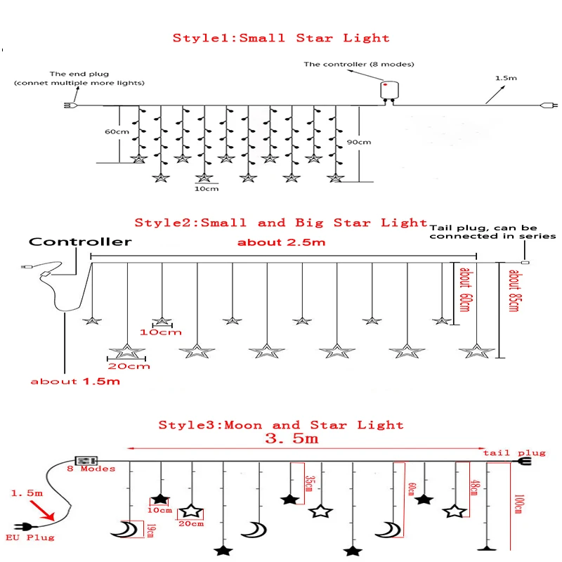 

110/220V EU/US LED Christmas Star And Moon Garland Curtain Lights Wedding String Fairy Lights For Holiday Wedding Decoration