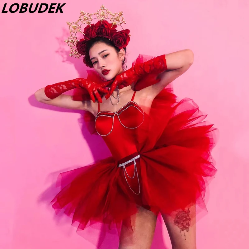 

Сценическая одежда для Дня Святого Валентина, клуба, вечеринки, Красные кружевные перчатки, головной убор с розой, боди с кристаллами, сетчатая юбка-пачка, наряды, костюм для бара, танца