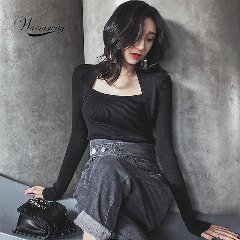 Nude Black Solid Casual Basic Top Square Neck Ribbed Knit Long Sleeve Tee Autumn Party Modern Lady Women Tshirt And B-104 | Женская