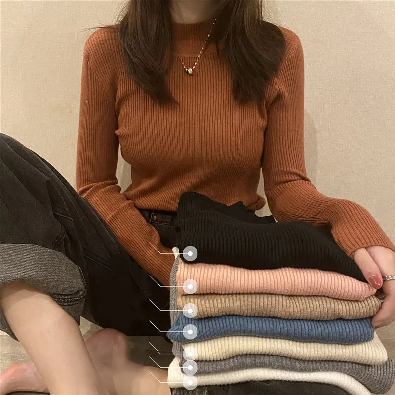 Свитер с длинным рукавом новинка 2021 пуловер облегающий Топ рубашка полувысоким