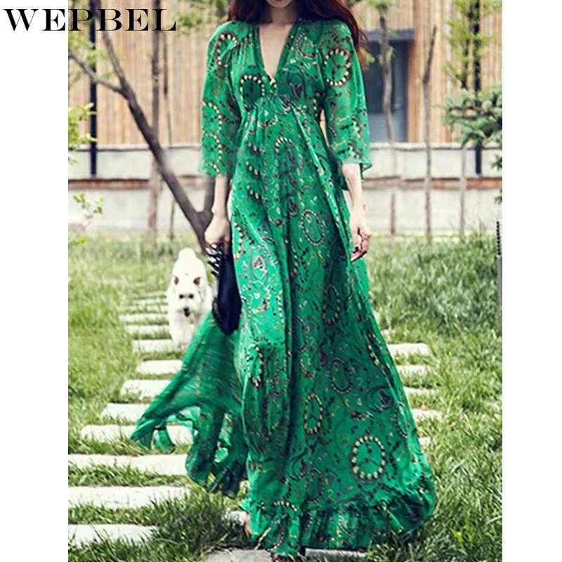 

WEPBEL Dress Spring Summer Fashion Print Loose Lace-up Dress Women's Casual Half Flare Sleeve V-neck Stitching Dress