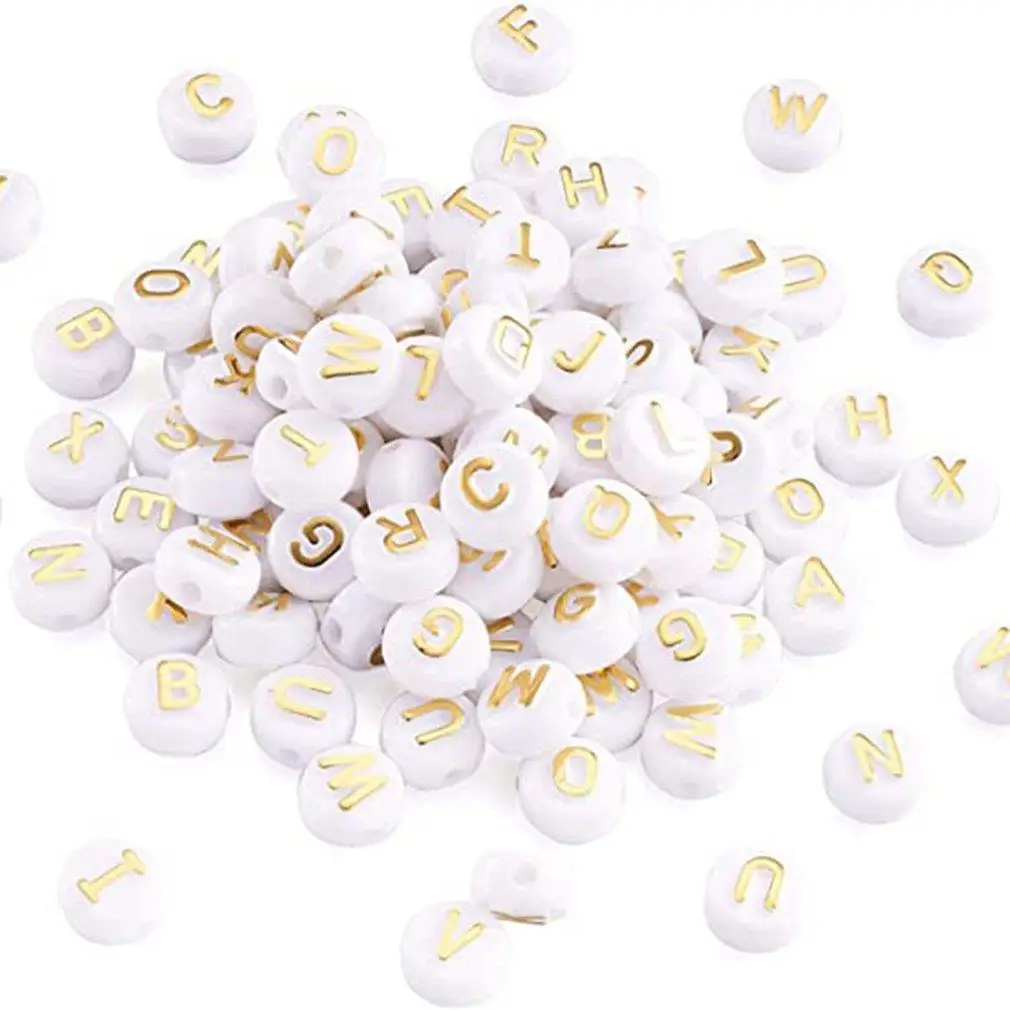 

200 шт., 10 мм, акриловые бусины в форме букв из белого золота для изготовления браслетов, плоские круглые бусины с буквами