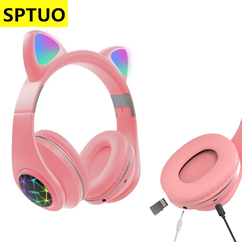 

Мультяшные милые наушники с кошачьими ушками, Bluetooth беспроводная гарнитура, светящиеся наушники с креплением на голову и микрофоном, Hands-free, ...