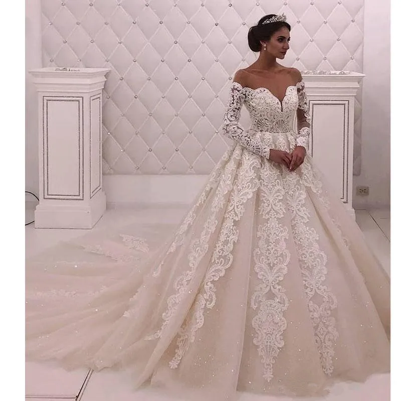 

Vintage Sheer Neck Long Sleeve Wedding Dresses Bridal Gown Lace Appliques Sequined Chapel Robe De Mariee Organza Wedding Gowns