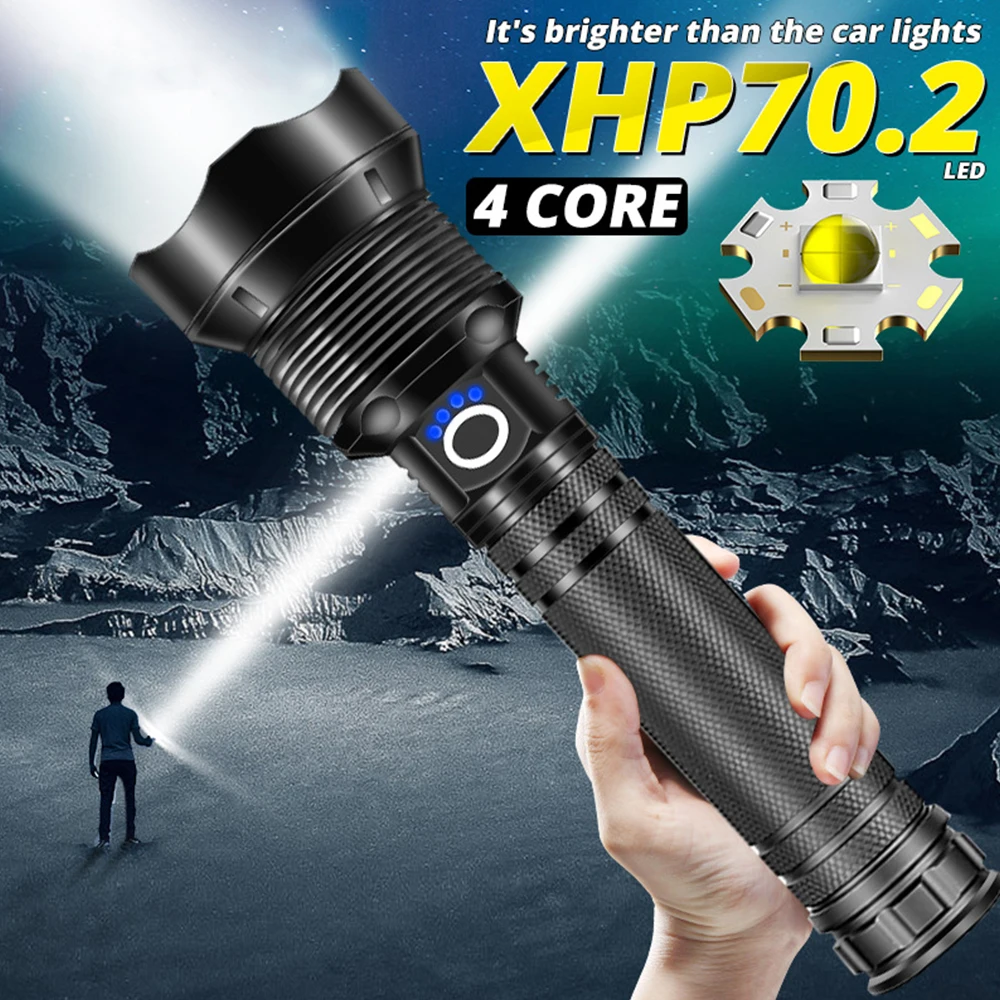 

Светодиодный фонарик XHP70.2 высокой мощности, водонепроницаемый уличный фонарь с аккумулятором 18650 или 26650, перезаряжаемый от usb, тактический ...