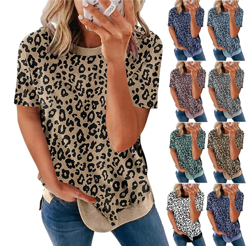 

2021 Women Summer Short Sleeve T Shirts Leopard Print Lady Fashion Tee O-Neck Casual Tops Plus Size Loose Female T Shirt 5XL Top