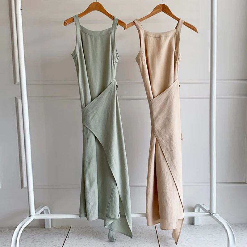 

Khaki Retro Sleeveless Cotton and Linen Women Dress 2021 Summer One-piece Elegant Slim waist Lace-up Female Long Dress Vestidos