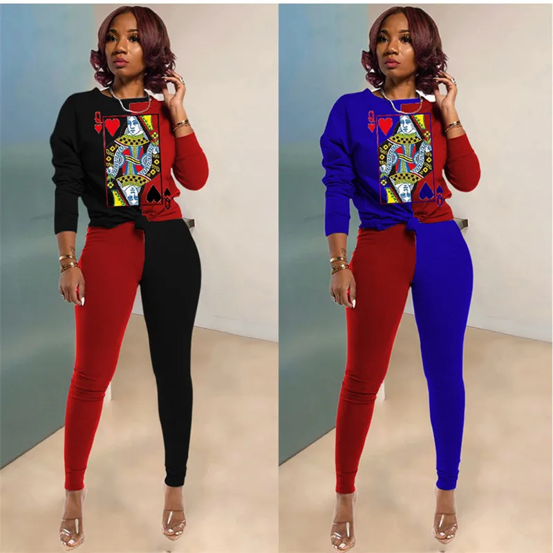 

Женские Джоггеры для осени, комплект из двух предметов, лоскутный Повседневный игровой костюм с длинным рукавом и принтом игральных карт, б...