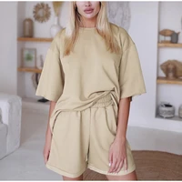 2021 summer fashion sports set two piece womens solid color half sleeve round neck top tee loose elastic waist shorts flanging